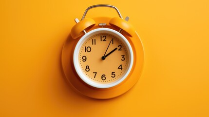 A yellow alarm clock sitting on top of a yellow wall. Perfect for time management and home decor