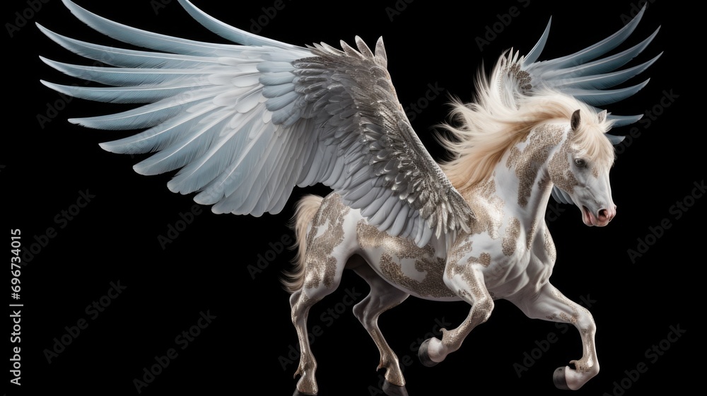 Poster a picture of a majestic white horse with wings on its back. this image can be used to represent free