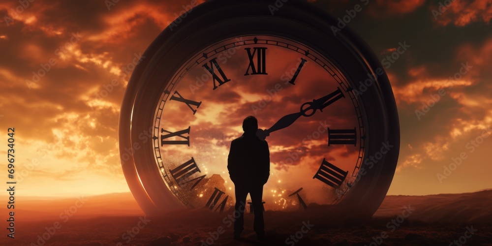 Aufkleber A person standing in front of a large clock. Suitable for time management or punctuality concepts