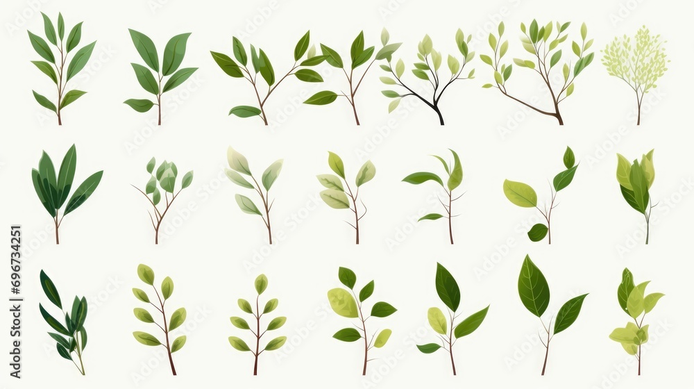 Poster a bunch of green leaves on a white background. can be used as a background or for nature-related pro