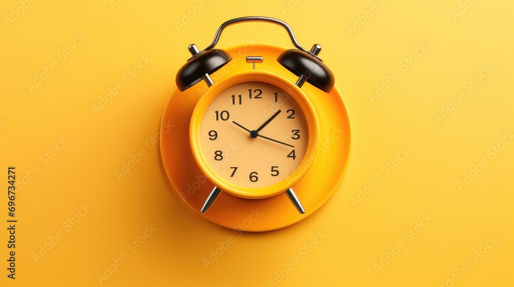 Poster a yellow alarm clock sitting on top of a yellow surface. perfect for time management concepts