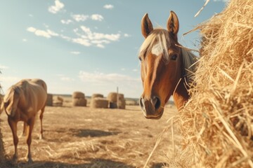A brown horse stands next to a pile of hay. Ideal for farm or equestrian-related projects