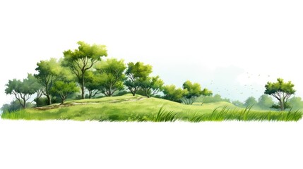 A painting depicting a serene grassy area with trees. Suitable for various applications
