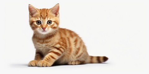 A cute small kitten sitting on a white surface. Perfect for pet lovers and animal-related designs