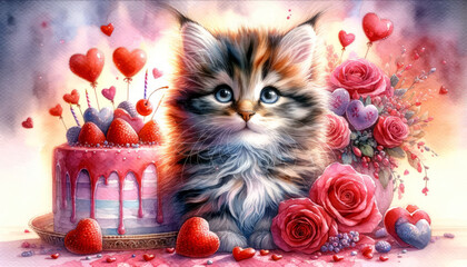 watercolor illustration of cute kitten valentines day card. To create postcards, invitations