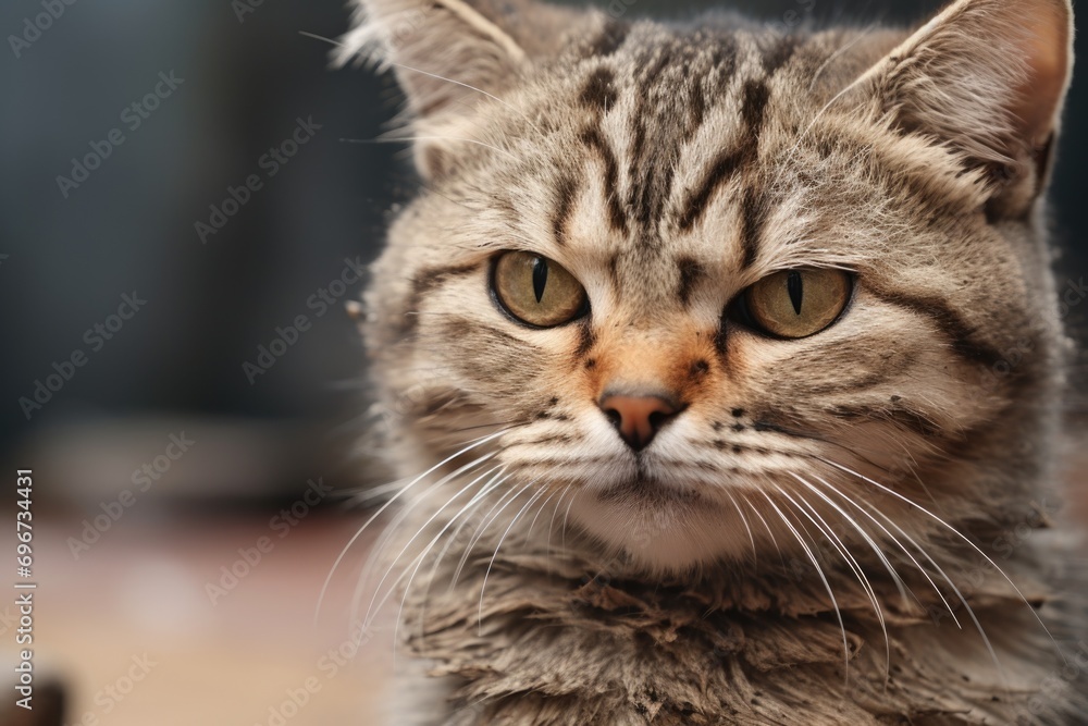 Poster a close-up view of a cat looking directly at the camera. this image can be used to depict the curiou