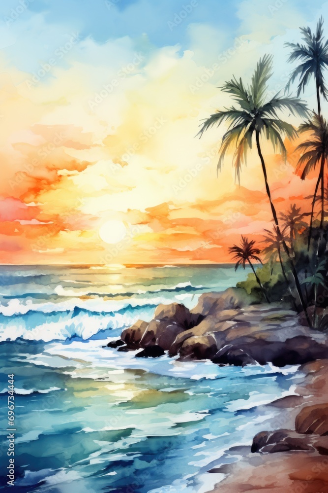 Poster a beautiful painting capturing the serene moment of a sunset over the ocean. ideal for adding a peac
