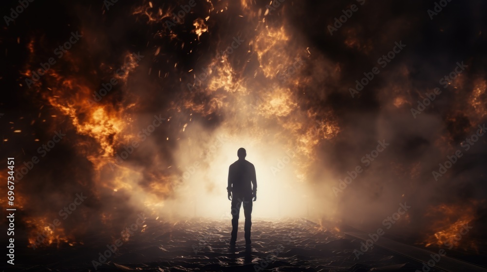 Poster a man bravely stands on a train track as a fire blazes in the background. this powerful image captur