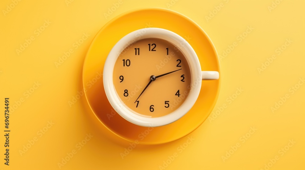 Poster A cup of coffee on a saucer with a clock on the side. Perfect for illustrating time management or coffee break concepts