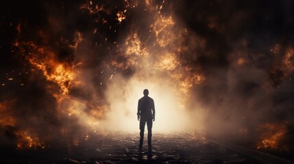 A man bravely stands on a train track as a fire blazes in the background. This powerful image captures the intensity and danger of the moment. Perfect for illustrating courage and resilience.