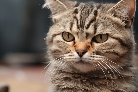 A close-up view of a cat looking directly at the camera. This image can be used to depict the curious nature of cats or to add a touch of cuteness to any project