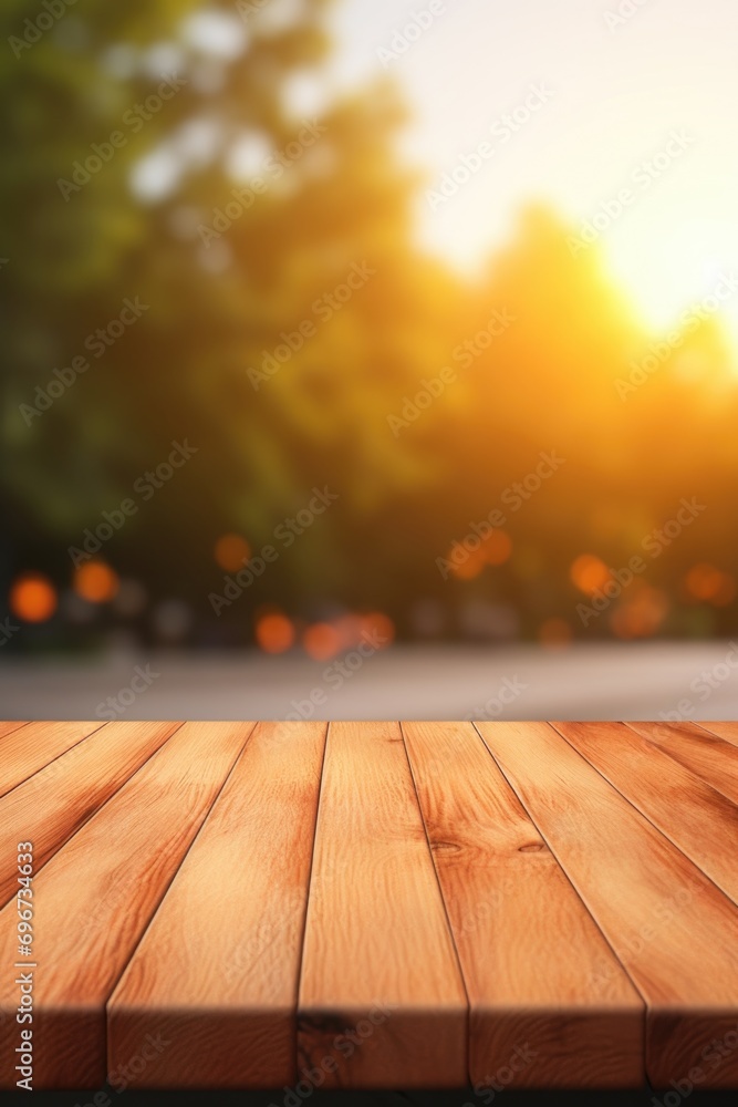 Poster a wooden table with a stunning sunset as the backdrop. perfect for adding a warm and natural touch t