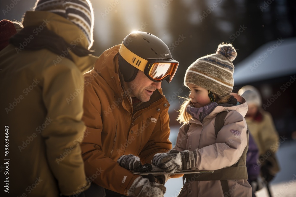 Wall mural A man and a little girl standing together in a snowy landscape. Suitable for family and winter-themed concepts