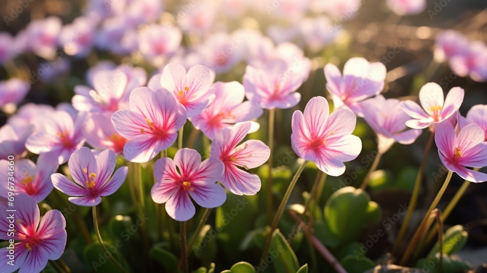 Poster A field of pink flowers with vibrant green leaves. Perfect for adding a pop of color to any project or design