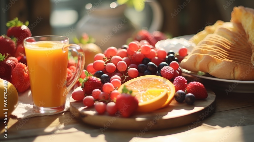 Poster a table adorned with plates of various fruits and a refreshing glass of orange juice. perfect for sh