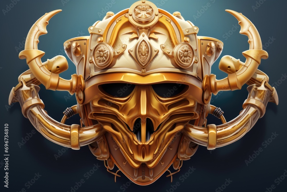 Poster A golden helmet adorned with horns and a skull, perfect for adding a touch of mystery and power. Ideal for use in fantasy, mythology, or Halloween-themed projects