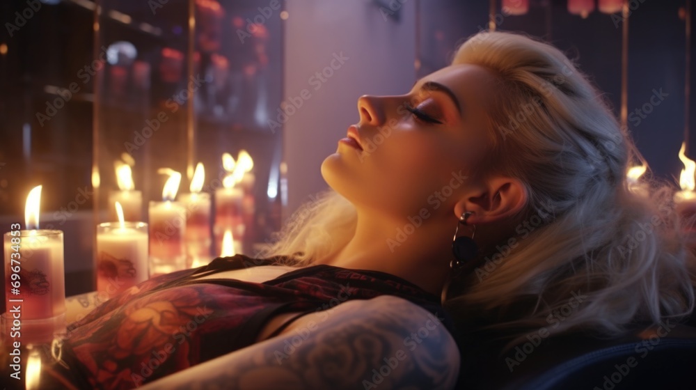 Poster a woman peacefully resting in front of a beautiful display of candles. ideal for relaxation and medi