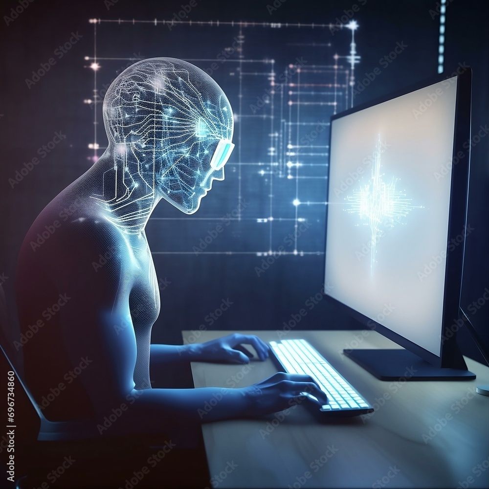 Poster a robot humanoid android cyborg with artificial intelligence working at the computer.