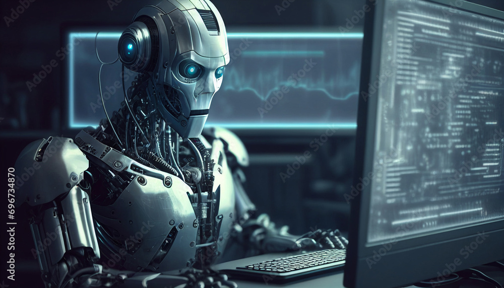 Poster a robot humanoid android cyborg with artificial intelligence working at the computer.