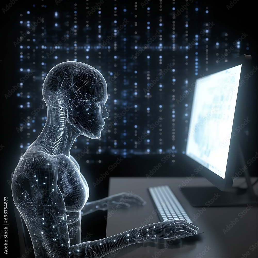 Poster a robot humanoid android cyborg with artificial intelligence working at the computer.