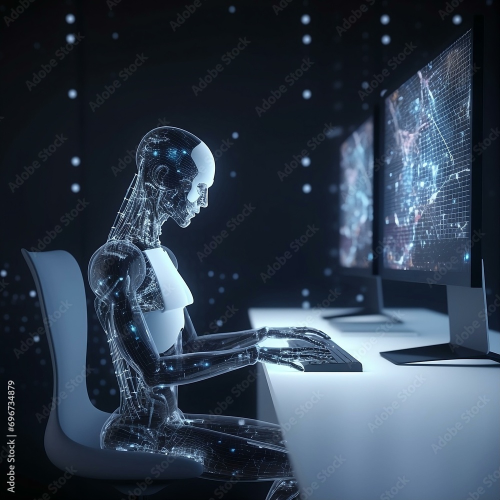 Poster a robot humanoid android cyborg with artificial intelligence working at the computer.