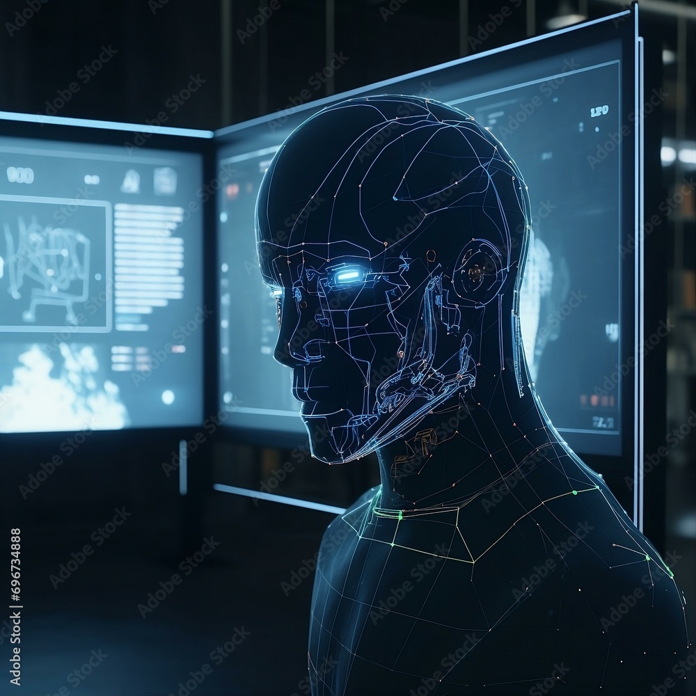 Poster closeup on head of a robot humanoid android cyborg with artificial intelligence working at the compu