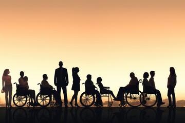 Fototapeta premium A group of people in wheelchairs standing together, captured in silhouette. Suitable for disability awareness campaigns and inclusive community projects