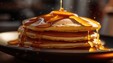 A stack of pancakes sitting on top of a black plate. Great for breakfast or brunch concepts
