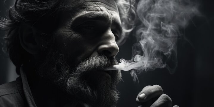 A picture of a man with a beard smoking a cigarette. Suitable for lifestyle, addiction, or relaxation themes