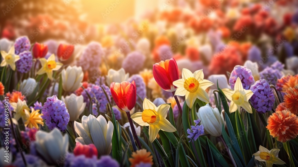 Poster a vibrant field of colorful flowers with the sun shining in the background. perfect for adding a tou