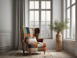 Patchwork wing chair and vase against window near white wall. Farmhouse home interior
