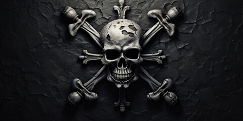 A skull and crossbones symbol on a dark black background. Perfect for warning signs or Halloween-themed designs - obrazy, fototapety, plakaty