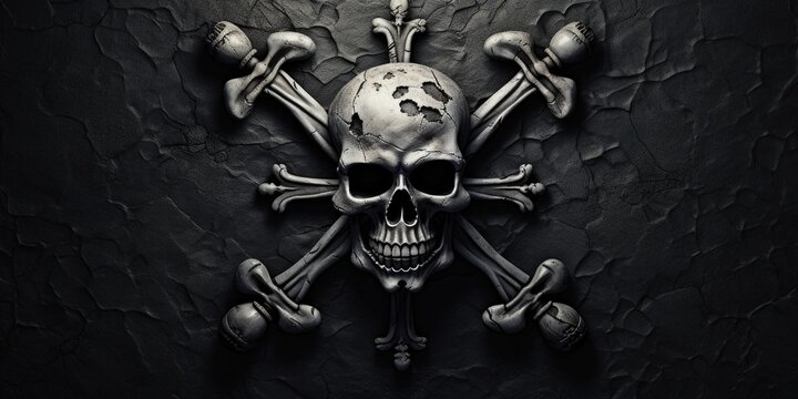 A skull and crossbones symbol on a dark black background. Perfect for warning signs or Halloween-themed designs