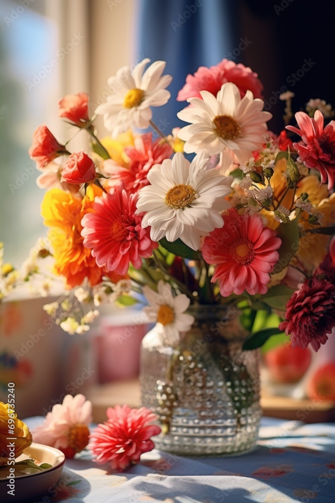 Poster a vase of flowers sits on a table next to a plate of food. suitable for various occasions