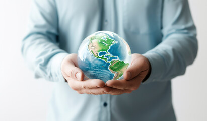A man holds a glass model of planet Earth, globe on a white background