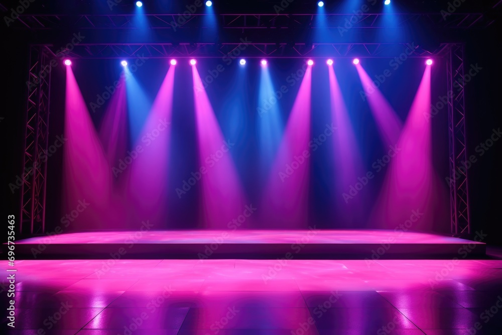 Poster an empty stage with pink and blue lights. suitable for various performances and events