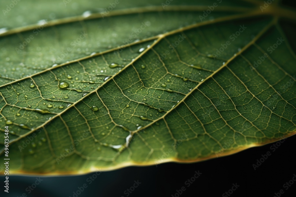 Poster a detailed close-up of a leaf with sparkling water droplets. this image captures the natural beauty 