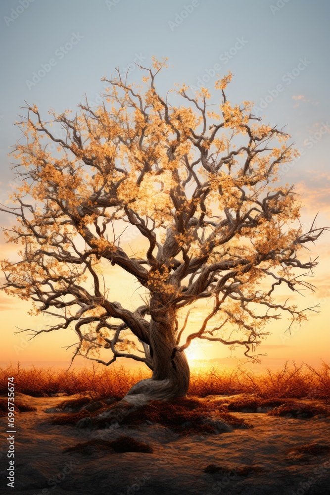 Poster a picturesque view of a large tree standing tall in a field, with a breathtaking sunset in the backg