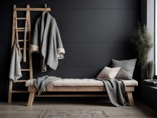 Rustic wood bench with grey cushion, beige and black pillows and woolen blanket