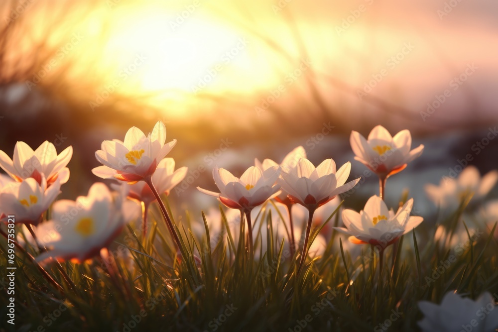 Poster a beautiful field of white flowers with the sun setting in the background. perfect for nature enthus