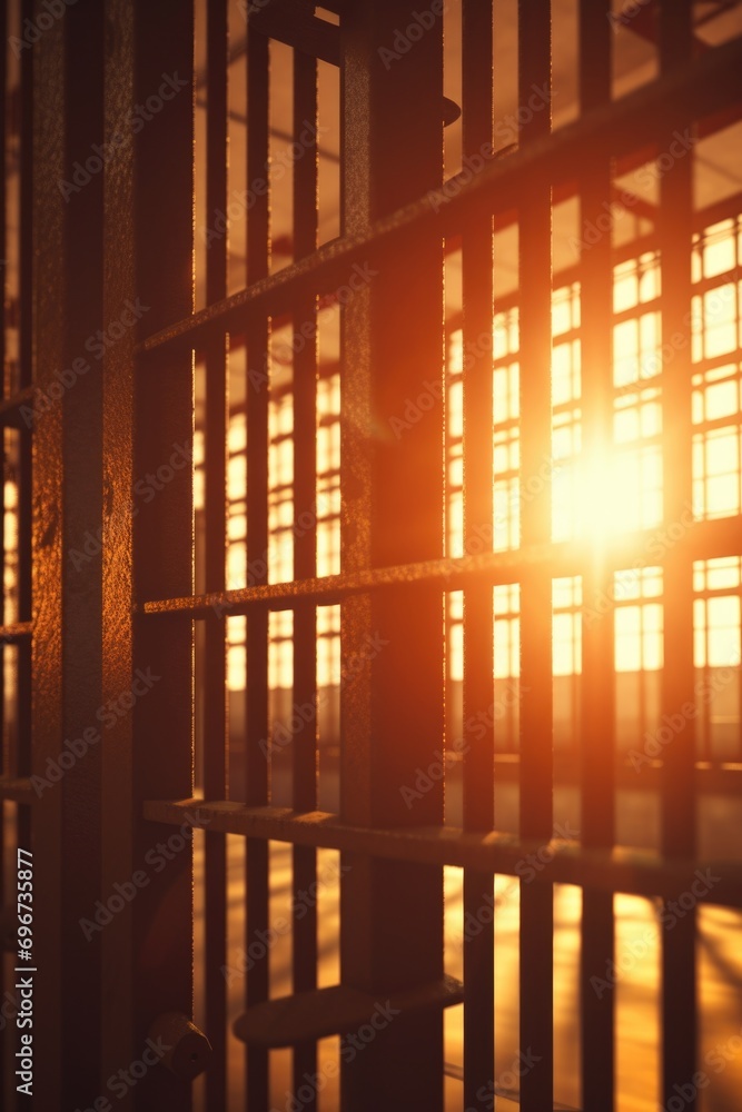 Poster A jail cell with sunlight streaming through the window. Can be used to depict the contrast between confinement and freedom