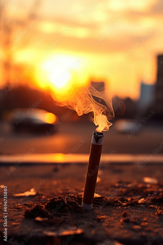 Poster a cigarette sticking out of the ground with a beautiful sunset in the background. this image can be 