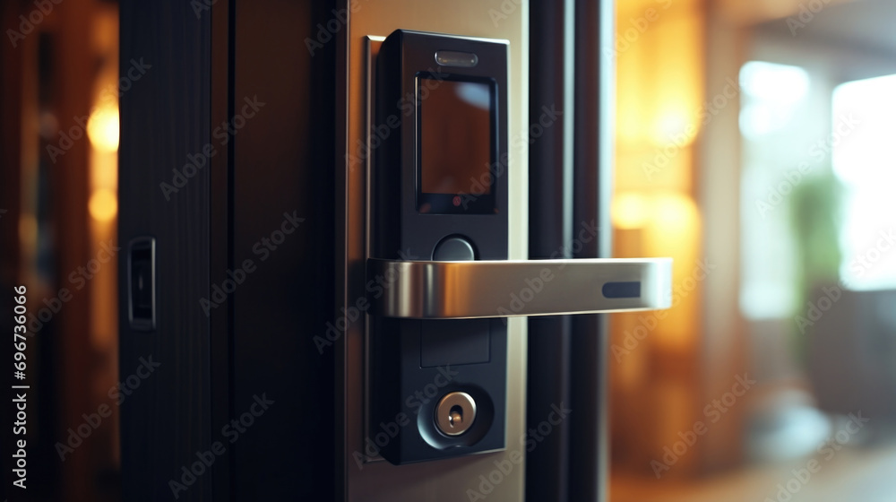 Poster A detailed close-up shot of a door handle. This image can be used to depict security, access, or entering and exiting a building