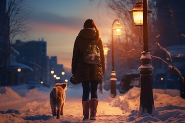 A woman is seen walking her dog down a snowy street. This image can be used to depict winter activities and the bond between humans and their pets