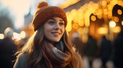 A woman is pictured wearing a knitted hat and scarf. This image can be used to depict winter fashion or cold weather accessories - obrazy, fototapety, plakaty