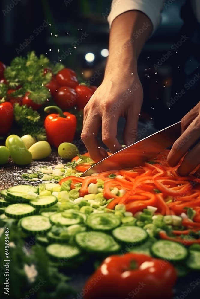 Poster a person is seen cutting vegetables on a cutting board. this versatile image can be used to showcase