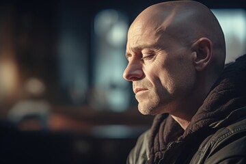 A bald man wearing a black jacket looks away from the camera. This image can be used to depict a serious or contemplative mood