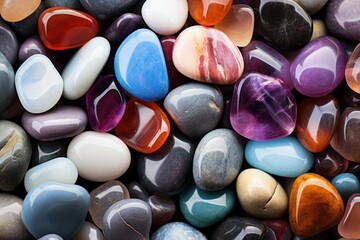 Close up view of a variety of different colored rocks. This image can be used to represent nature, geology, textures, or as a background for design projects