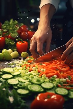 A person is seen cutting vegetables on a cutting board. This versatile image can be used to showcase cooking, healthy eating, meal preparation, and culinary skills