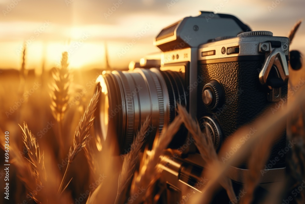 Poster a camera sitting in the middle of a field. ideal for photography and technology concepts